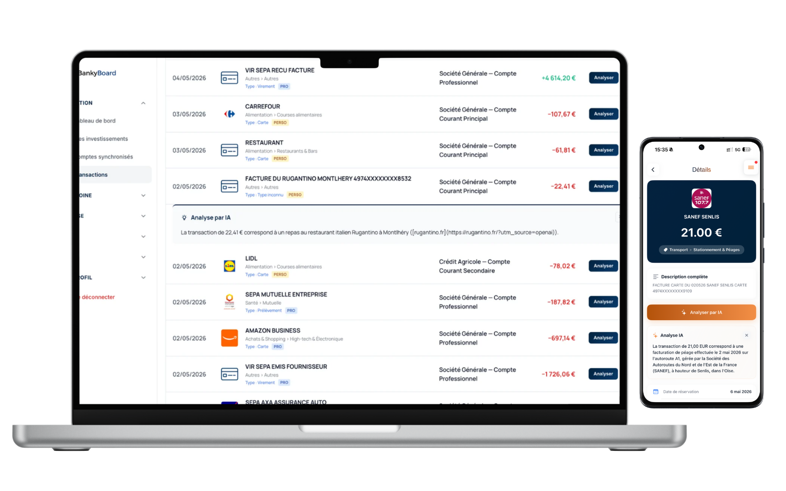 Analyse IA des transactions étranges — aperçu dans BankyBoard